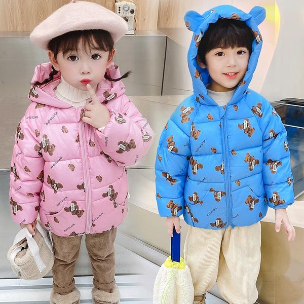 

down coat boys girls winter clothes kid cotton bear pattern cute ears design warm zipper hooded jacket fashion outerwear for children, Blue;gray
