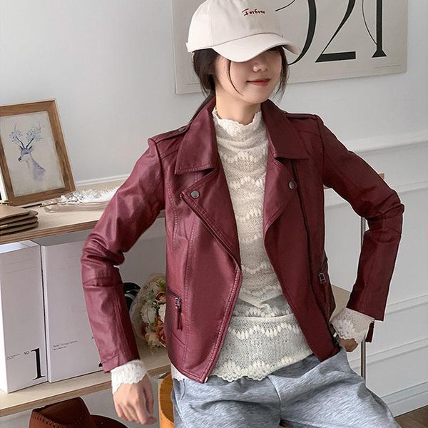 

women's leather & faux korean slim short burgundy jacket spring autumn lapel long sleeve streetwear motorcycle biker female, Black