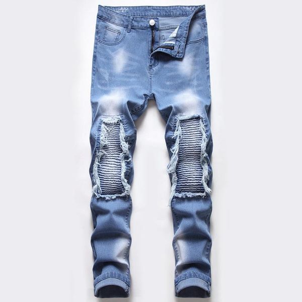 

streetwear pleated bleached jeans men slim vintage hole edge grinding full length retro denim pencil pants fashion male, Blue