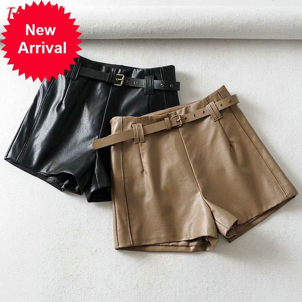 

tangada women brown pu leather skirt with belt zipper female high waist ladies casual shorts 1y07, White;black