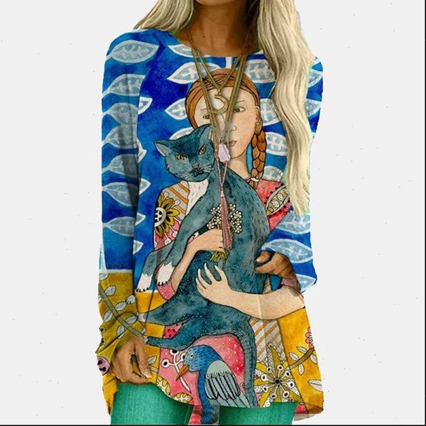 

2021 women t shirts autumn cartoon print long sleeve shirt fall over size vintage abstract o neck drop, White