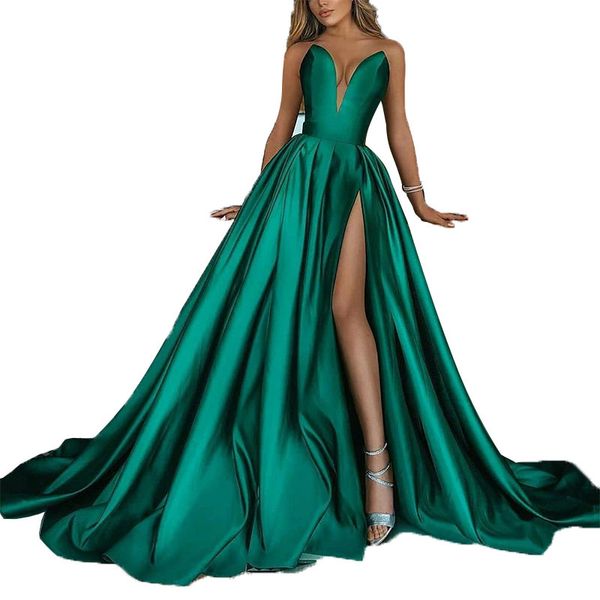

2021 dark green elegant evening dresses with long sleeve dubai arabic sequins satin high split prom gowns party dress deep v-neck high split, Black