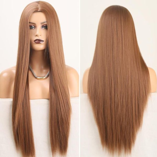 

synthetic wigs light brown middle part wig soft silky straight high tembreture fiber hair machinde made, Black