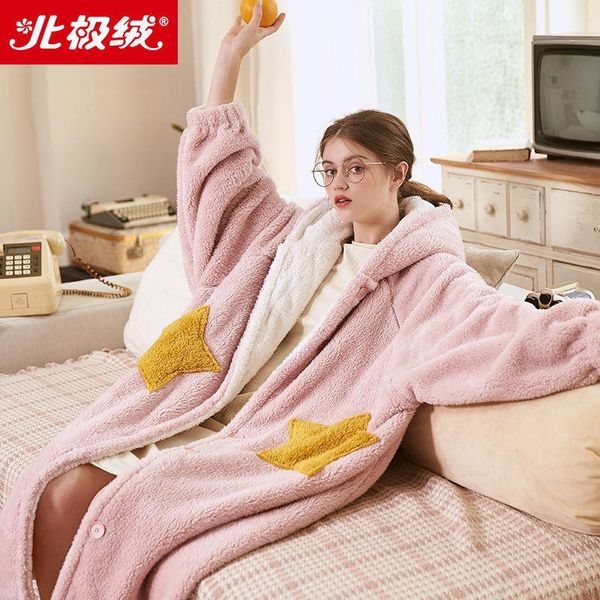 

women's sleepwear arctic cashmere pajamas women autumn and winter coral long wear flannel large size nightwear, Black;red