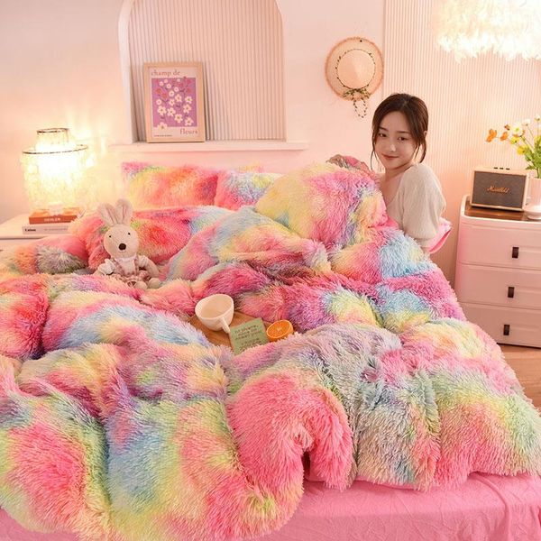 

bedding sets winter thick plush duvet cover rainbow color soft and warm coral fleece bed set  size comforter