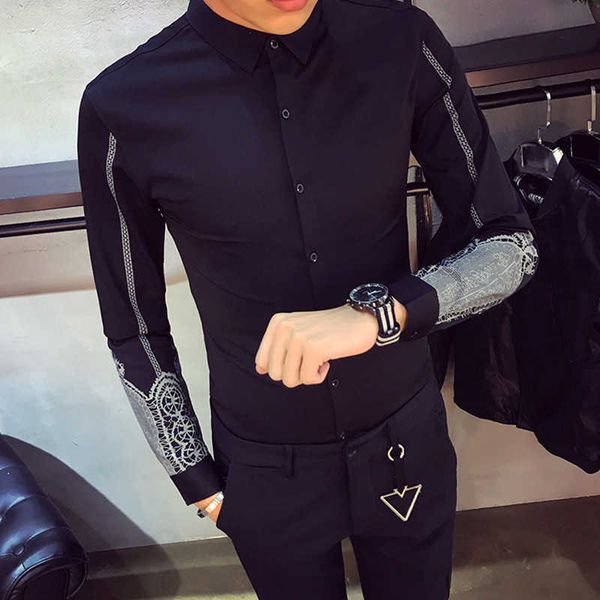 

men shirt long sleeve shirts designer print casual shirts white black men night club work social shirts chemise homme 210527