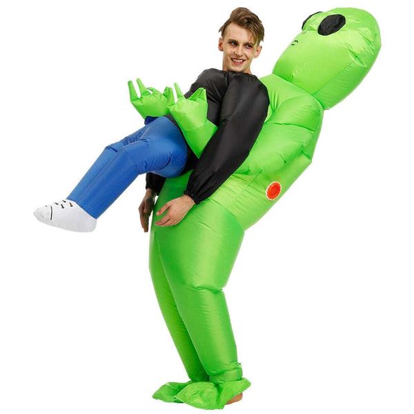 Cadılar bayramı Kostüm Kadın Erkek Için Şişme Yeşil Alien Cosplay Komik Blow Up Suit Parti Fantezi Elbise Yetişkin Çocuklar Için Q0910