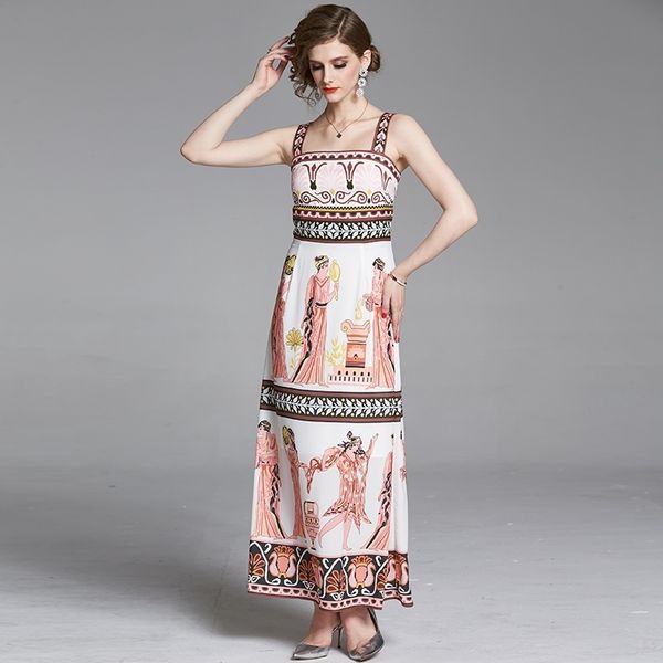 

banulin fashion runway summer dress women's spaghetti strap floral print vacation party elegant maxi vestidos 210603, Black;gray