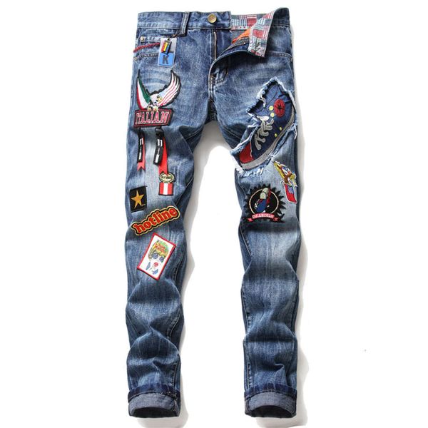 

spring and summer embroidery badge personality straight fit jeans men's light color fashion long pants cool night club trend, Blue