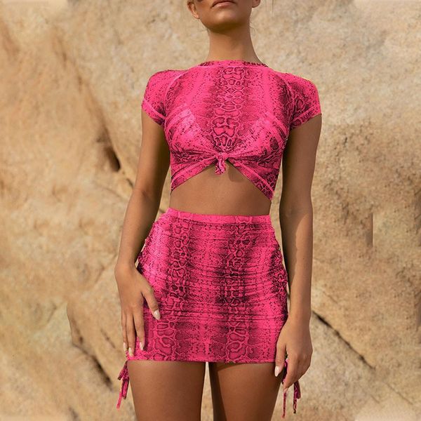 

summer clothes for women fashion women short sleeve bandage snakeskin short skirt suits women clothes 2021, Gray