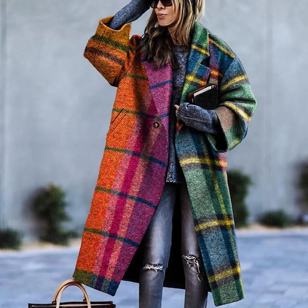 

women's wool & blends the 2021 autumn and winter clothing british style fashion long-sleeved lapel mid-length coat printed woolen, Black
