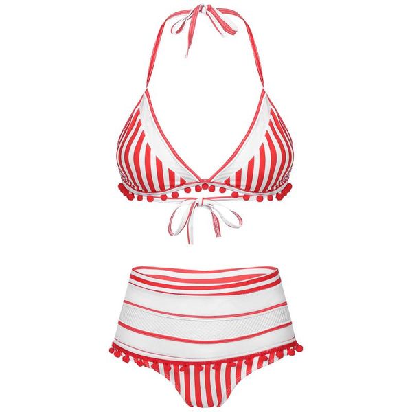 

new women swimsuit 2021 mesh striped high rise bikini briefs halter strap tassel trim swimwear bathing suit for beach party