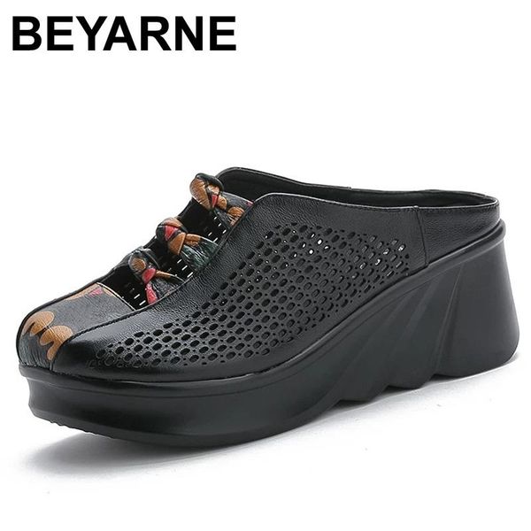 

slippers beyarne 2021 fashion cut-outs women shoes summer closed toe wedge sandals genuine leather lady slides woman, Black