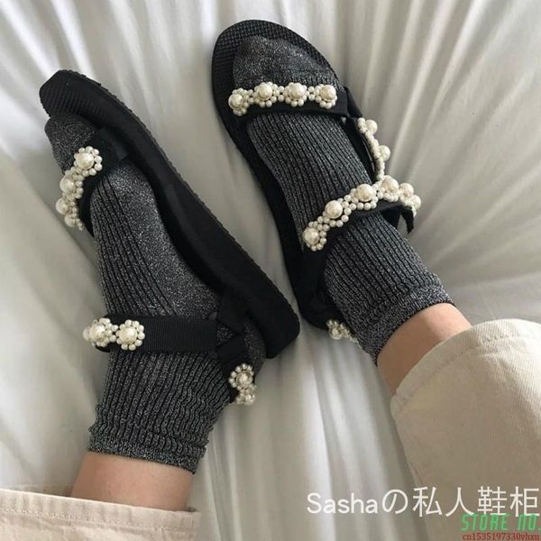

women sandals summer flat pearl flower sandals flip flops rome shoes bead slippers mujer gladiator sandalias sapatos femininos, Black