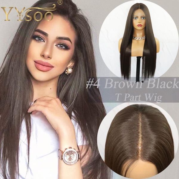 

synthetic wigs yysoo long #4 brown black t part for women silky straight futura heat resistant lace front wig deep middle