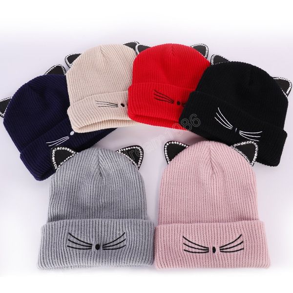 

cute hat with ears warm female knitted winter cat skullies hats woman outdoor beanies cap panama, Blue;gray