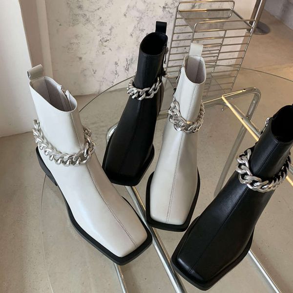 

french fried street small short boots women's spring and autumn single boots thin 2021 new chain white british square head martin boots, Black