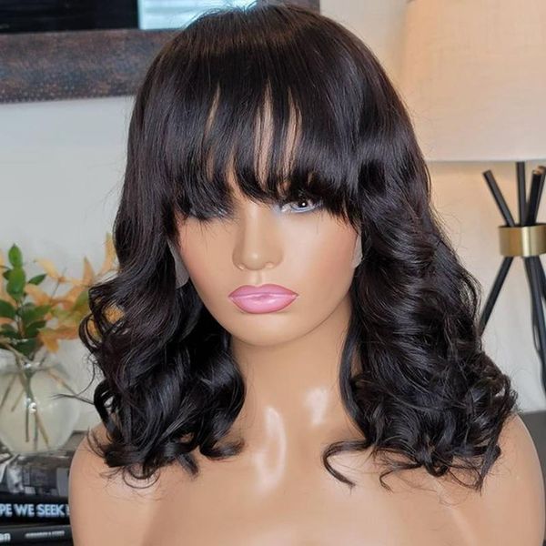 

lace wigs 100% human hair front wig bang style for black women 150 density natural color fringe body wave remy, Black;brown