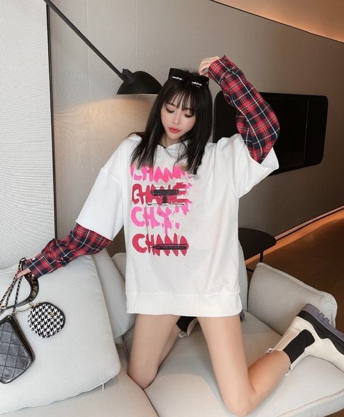 

luxury brand hoodie 21ss new xiaoxiangfeng women's sweater plaid stitching long sleeve graffiti letter printing loose top, Black