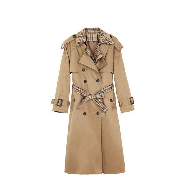 

long windbreaker spring autumn trench coats plaid stitching design sense korean loose fashion high-quality lining jacket, Tan;black