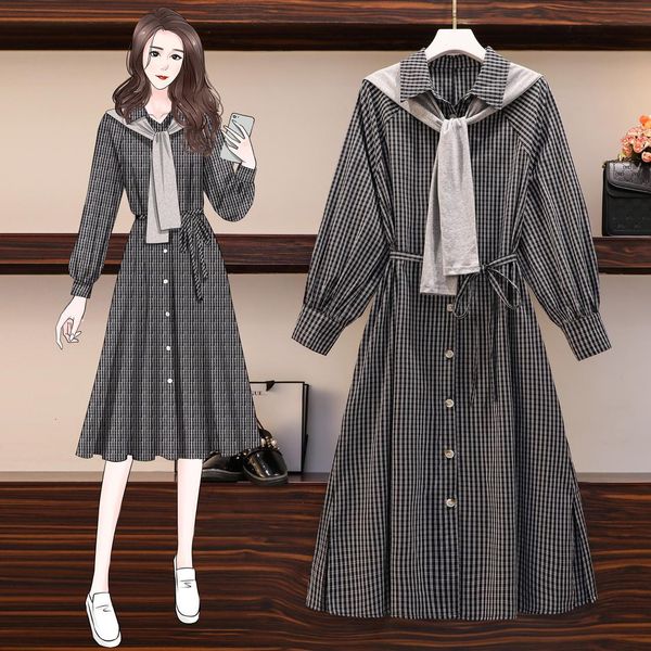 

feminine plus vintage size 90s plaid shawl dress long sleeve 2021 elegant single-breasted shirt gown drop big cloth 38im, White