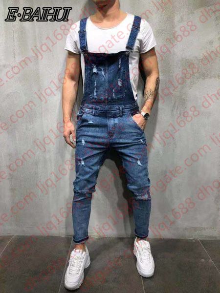 

e-baihui 2019 new ripped jeans jumpsuit men fashion streetwear hole denim overalls autumn male casual pockets vintage jeans lf828, Blue