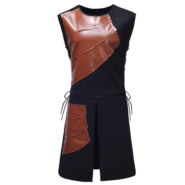 

men's vests mens punk rock bandage long steampunk vest 2021 brand patchwork front split medieval waistcoat men cosplay gothic costume, Black;white