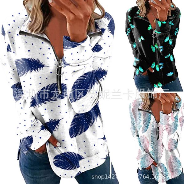 

autumn and winter printed zipper lapel long sleeve women's sweater, Black
