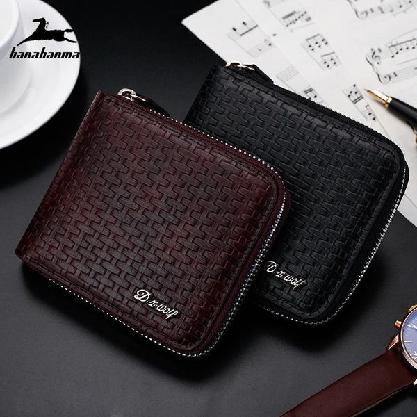 

wallets men's wallet woven leather purse short organizer bag simple fashion man small vintage large capacity money, Red;black
