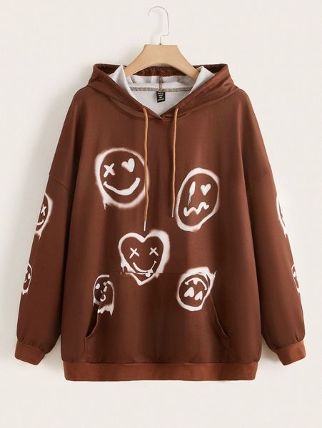 

plus cartoon face print drop shoulder drawstring hoodie u1zb#, Black