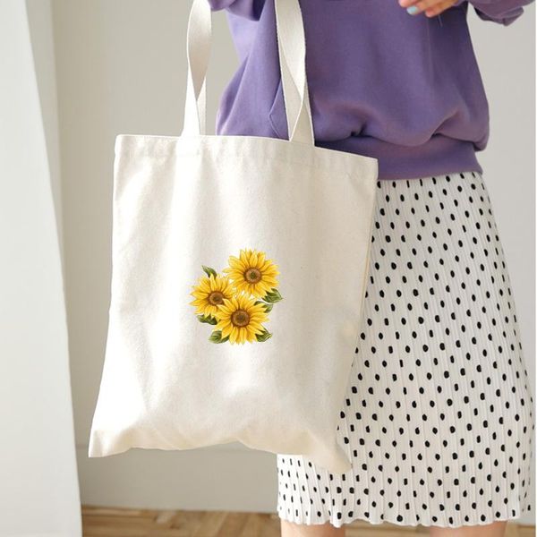 

shopping bags sun flower series printing elegant women canvas eco reusable sweet ladies beach vintage literary