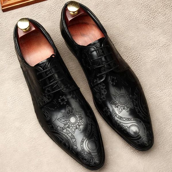 

dress shoes classic pointed toe man carving genuine leather formal oxfords handmade heels wedding party men's flats, Black
