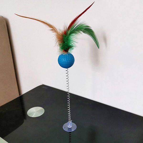 

cat toys metal wire spring feather color funny interactive with ball rods toy stable sucker stand stick pet
