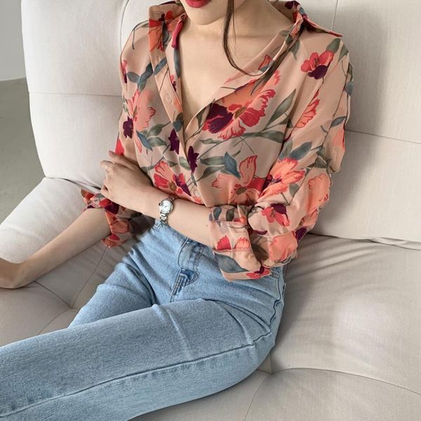 

floral chiffon blouse ruffle women shirts boho chic blusas manga larga para de moda 2021 vintage office pink spring bluzka, White