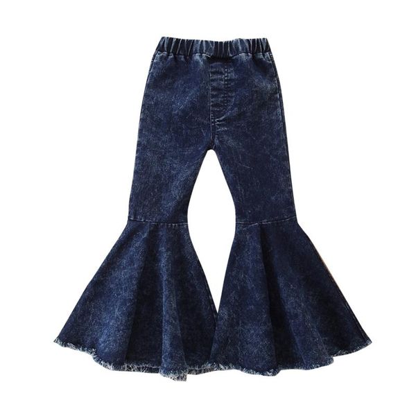 

toddler kids baby girls solid high waist denim bell bottoms jeans, Blue