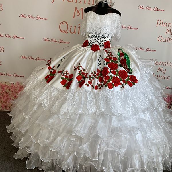 

2022 elegant white lace red flower embroidery boho quinceanera dresses off the shoulder ball gown satin organza ruffles long sweet 15 16 cha, Blue;red
