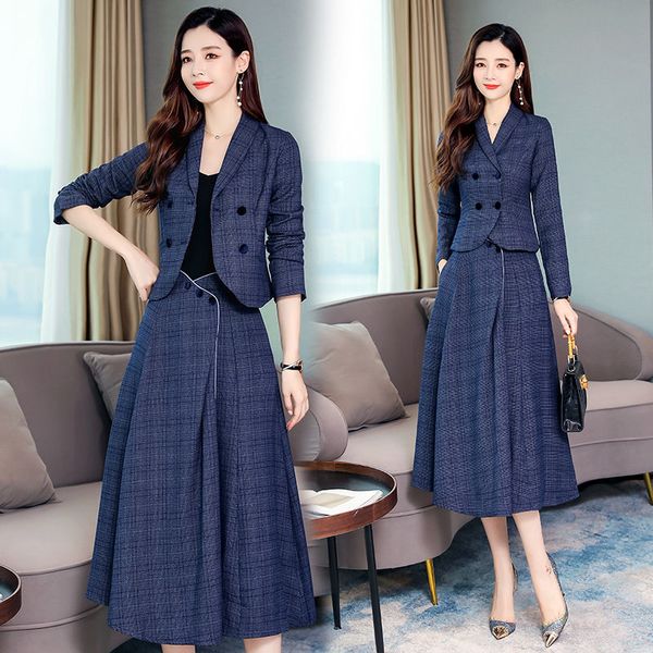 

casual dresses plaid woolen skirt suits women early autumn slim short blazer and long fashion two-piece set formal workwear k1238 3xy8, Black;gray