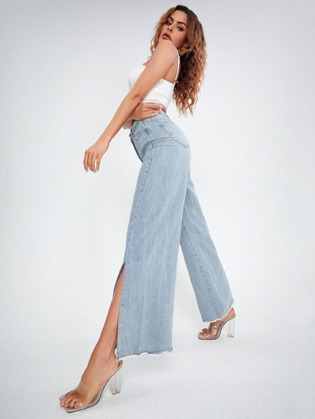 

high waist split hem wide leg jeans h0xo#, Blue