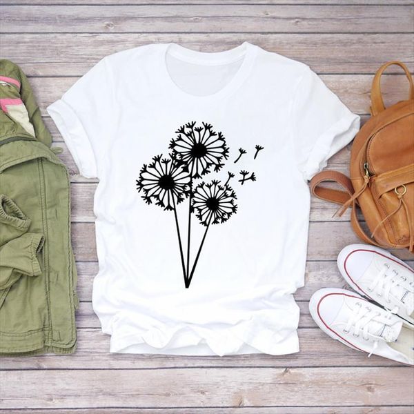

dandelion plant fashion cute womens t shirts 90s trend animal print graphic shirt female tee, White