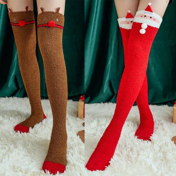 

socks & hosiery women christmas coral velvet thigh high stockings cute santa claus elk pattern fuzzy fluffy plush sleep over knee p8db, Black;white