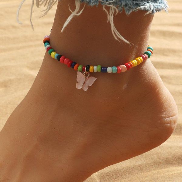 

anklets vintage colorful beads anklet for women bracelet on the leg butterfly black white ankle chain beach foot jewelry drop, Red;blue