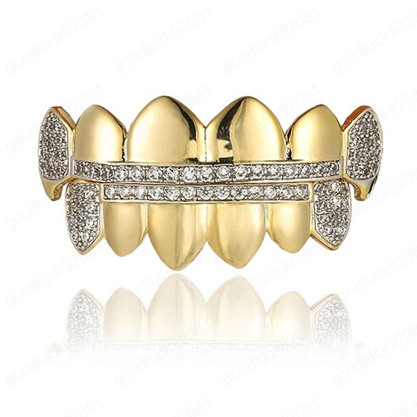 

hip hop gold color grillz iced out zircon mouth teeth grillz caps & bottom grill set men women vampire grills sold by wdshop, Black