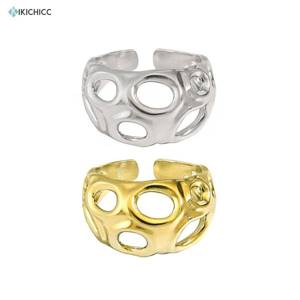

cluster rings kikichicc 100% 925 sterling silver gold hole rock punk resizable adjustable women fashion fine jewelry bigparty wedding, Golden;silver