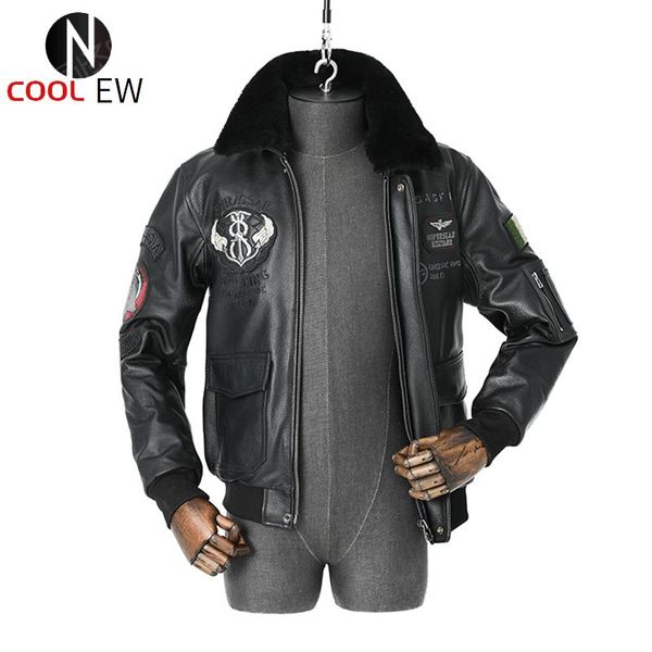 

men's leather & faux 2021 black italy military style pilot jacket plus size 5xl wool collar genuine cowhide autumn slim fit aviation co
