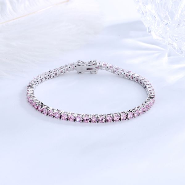 

real solid 925 silver metal 15-21 cm tennis bracelet pave full 3 mm round pink zircon sweet fine jewelry for women, Golden;silver