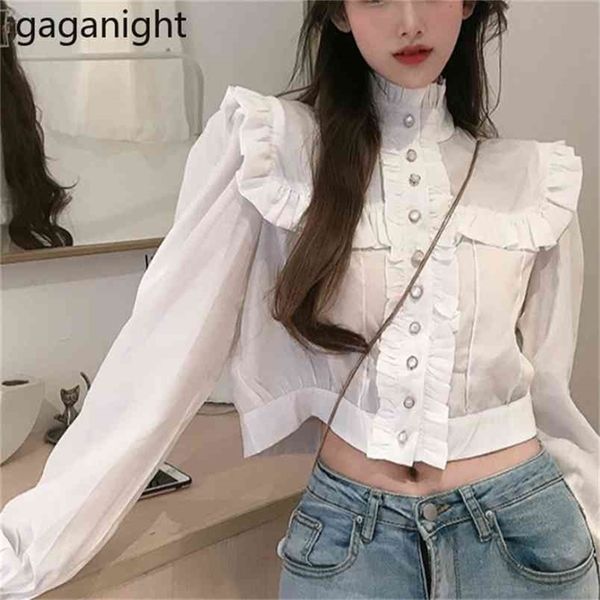 

elegant office ruffles blouses women fashion long sleeve stand collar cropped casual white shirt ol blusas 210601