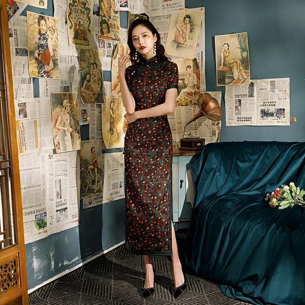 

ethnic clothing women long slim print cheongsam qipao elegant evening party dress short sleeve vestidos oversize 4xl, Red