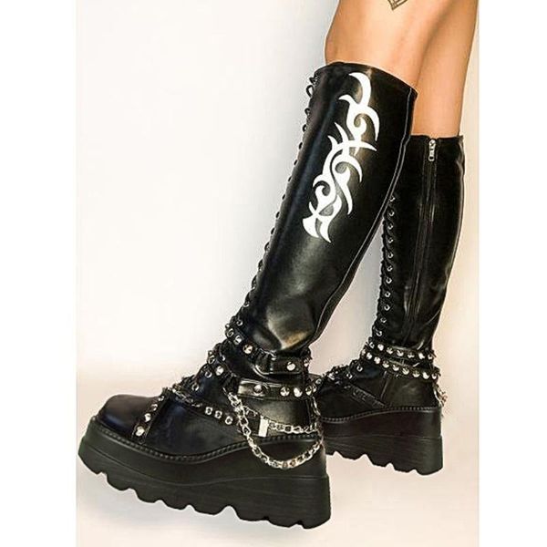 

boots lapolaka brand design wedges round toe zip print knee-high platform with chain cool girl fashion woman shoes large size 43, Black