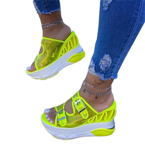 

sandals 2021 summer women transparent ladies platform wedges fashion casual double buckle straps outside shoes, Black