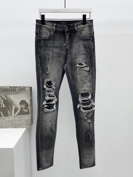 

men's jeans holes tidal brand do old fight leather slim-leg europe and the united states high street stretch trend pleated pants, Blue